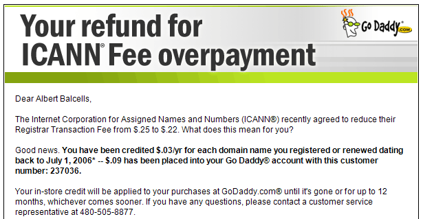 ICANN Refund for Overpayment