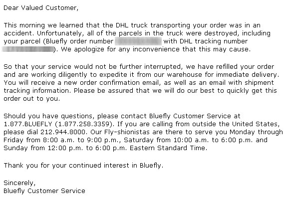 BLUEFLY Customer Service Message