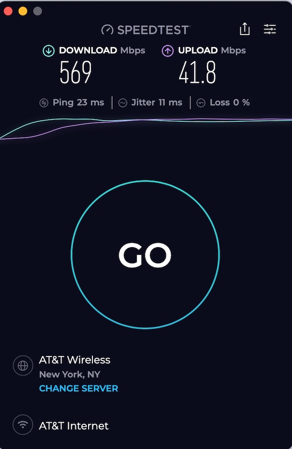 macOS Speed Test demonstrating 5G hotspot speed despite wrong network label being show