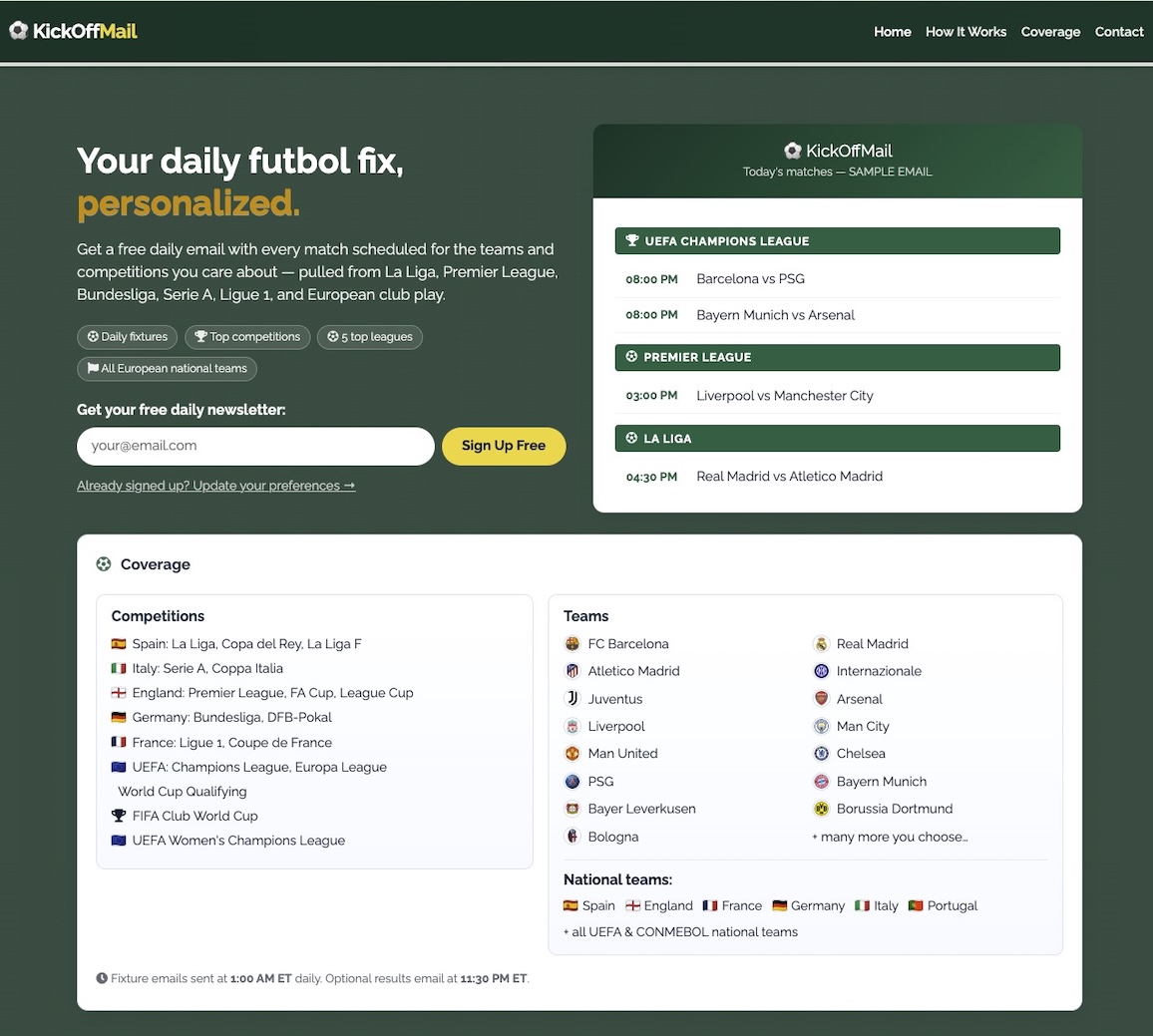 KickOffMail: daily soccer fixtures and results newsletter